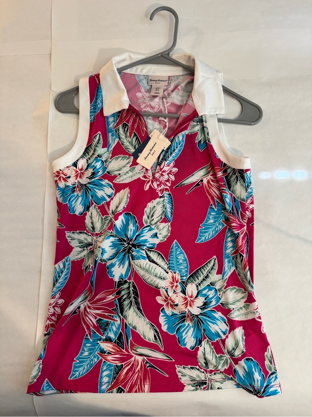 Tommy Bahama Fuchsia Floral Sleeveless Polo Tank with White Collar